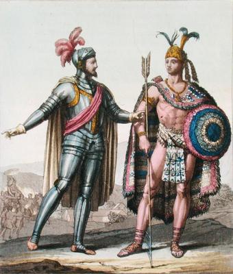 The Encounter between Hernan Cortes (1485-1547) and Montezuma II (1466-1520) from 'Le Costume Ancien od Gallo Gallina