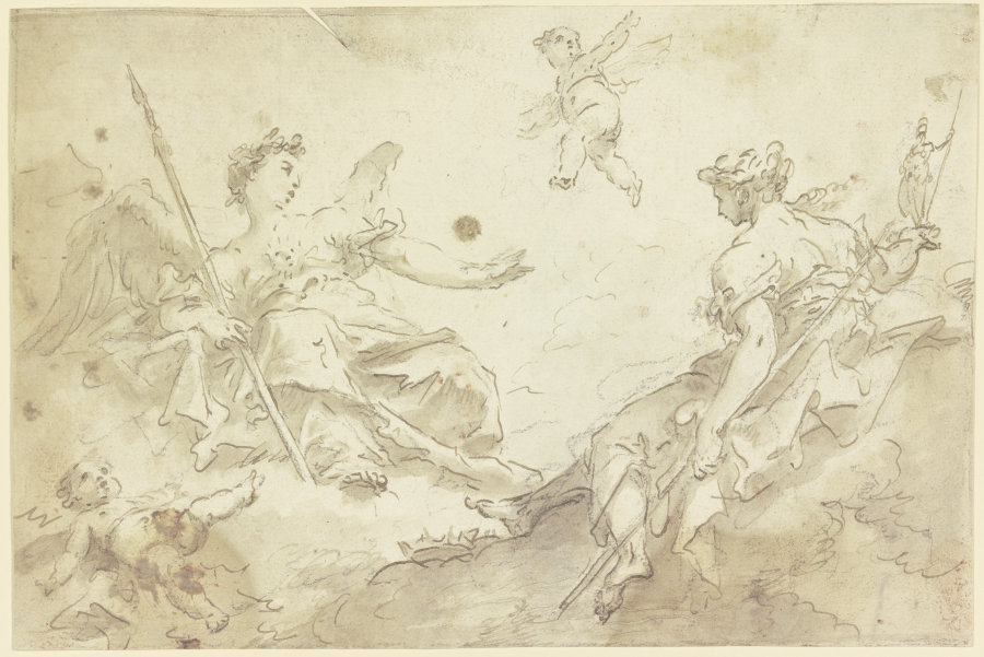 Zwei allegorische Frauenfiguren mit Putten auf Wolken (Virtù und Nobilità) od Gaspare Diziani