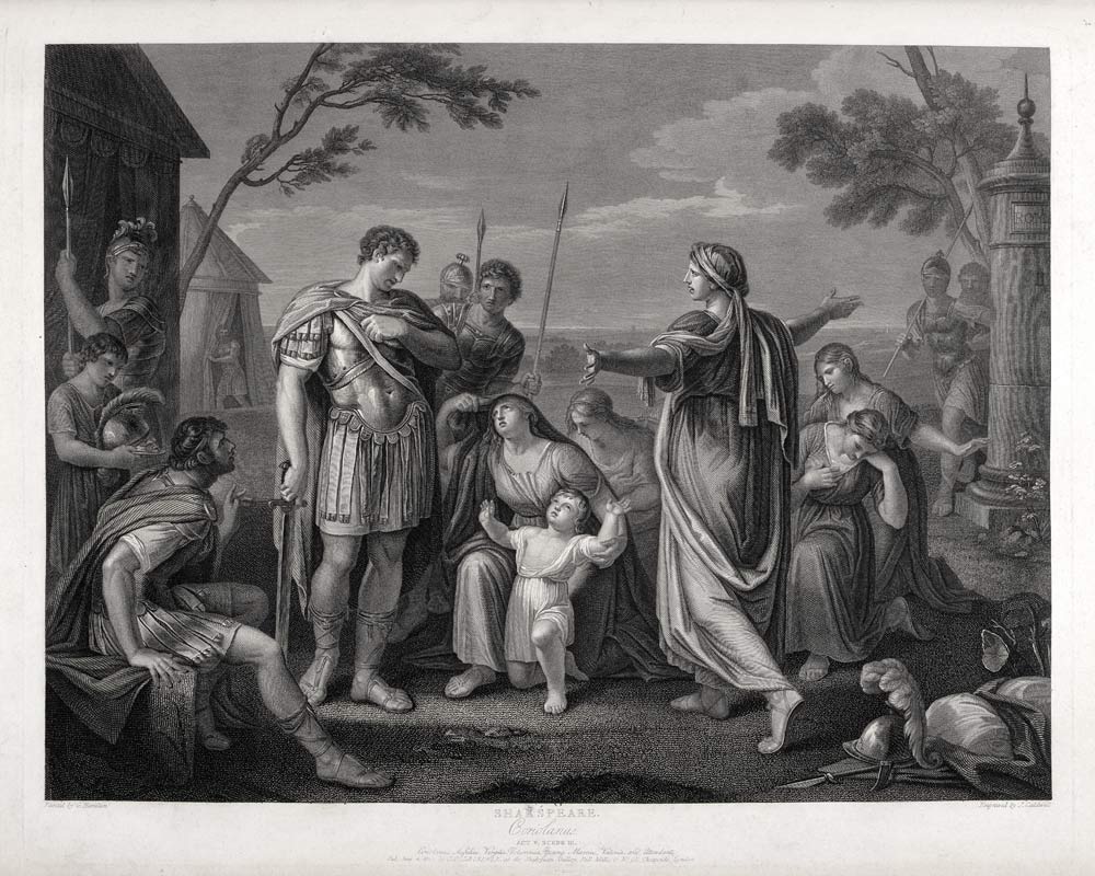 Coriolanus Akt V Szene III - Coriolanus, Aufidius, Volumnia, junger Marcus, Valeria und Begleiter od Gavin Hamilton