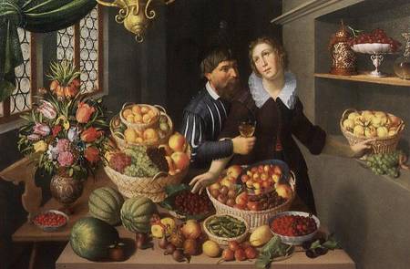 Man and Woman Before a Table Laid with Fruits and Vegetables od Georg Flegel