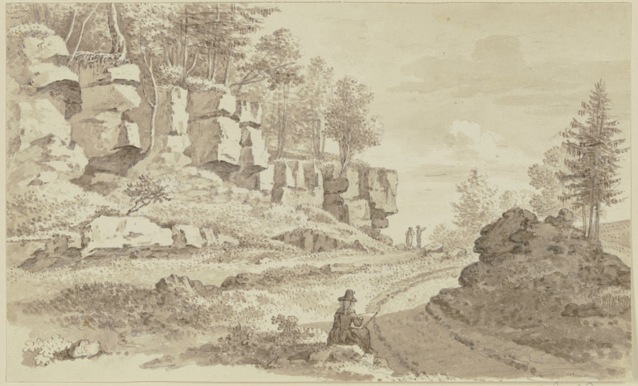 Baumbestandene Felspartie links neben einem Weg, im Vordergrund in Rückenansicht eine Zeichnerin od Georg Melchior Kraus