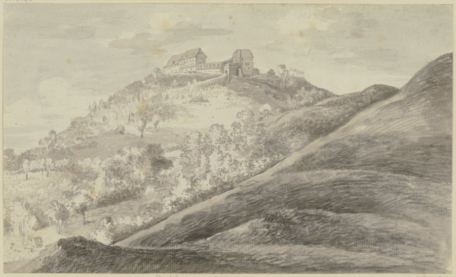 Blick auf die Wartburg vom Schloßberg aus, im Vordergrund ein kahler, nach rechts ansteigender Hang od Georg Melchior Kraus
