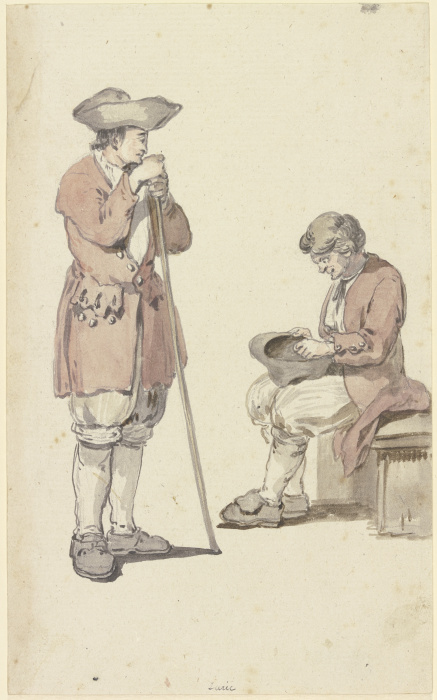 Ein junger und ein alter Schweizer Bauer, der junge stehend mit einem Stab, der alte sitzend od Georg Melchior Kraus