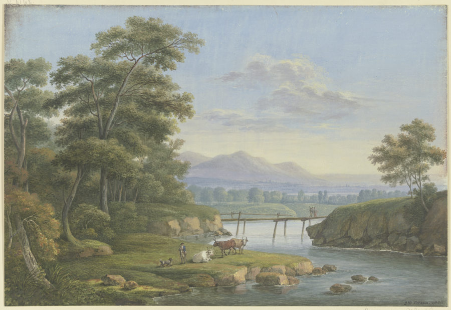 Flußtal mit felsigem Ufer, im Hintergrund Gebirge od Georg Melchior Kraus