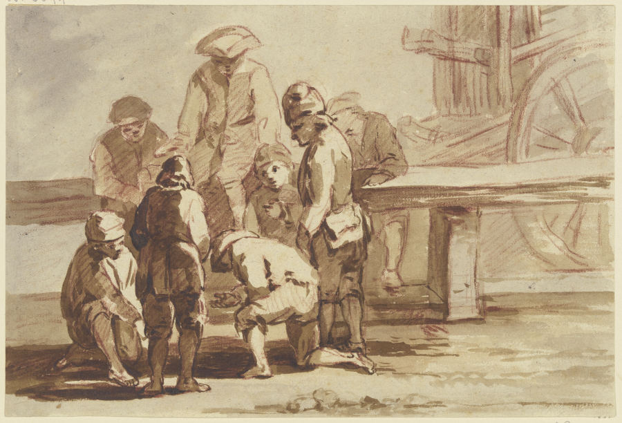 Gruppe von acht Knaben beim Spiel, stehend, kniend und auf einer Balustrade sitzend od Georg Melchior Kraus