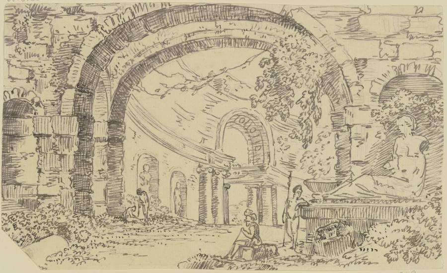 Römische Ruinen mit Bogen und Nischen, im Vordergrund zwei Krieger, rechts ein Monument mit einer si od Georg Melchior Kraus