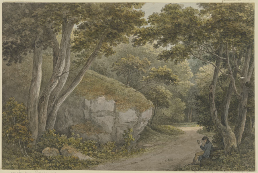 Weg in einem Park, links ein Felsblock od Georg Melchior Kraus