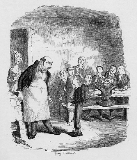 Oliver asking for more, from ''The Adventures of Oliver Twist'' Charles Dickens (1812-70) 1838, publ od George Cruikshank