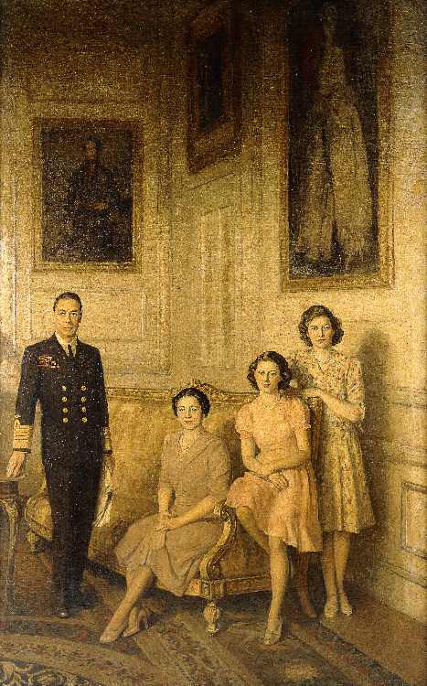 Die königliche Familie: King George VI, Queen Elizabeth und ihre beiden Töchter, Prinzessin Margaret od George Harcourt