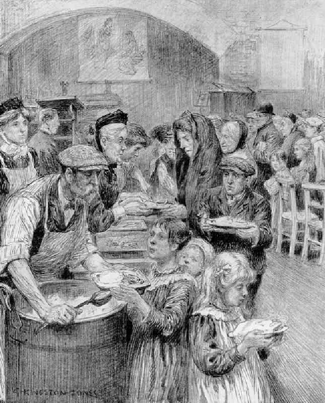 Free Meals for Londons Poorest Citizens: The Scene at a Daily Graphic Soup Kitchen, 1910 (pencil on  od George Kingston-Jones