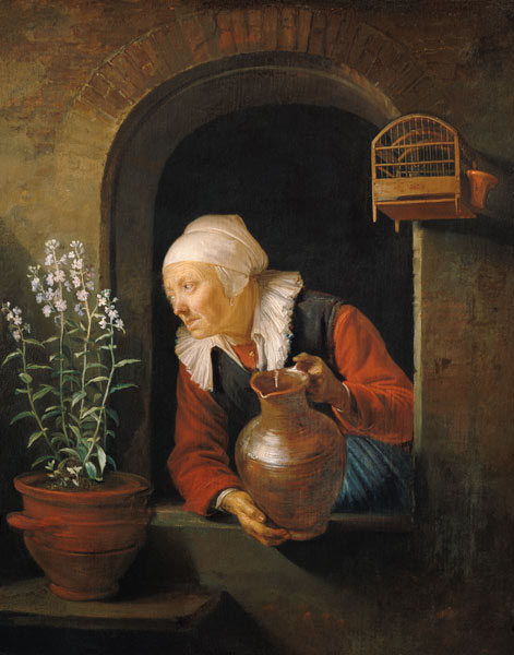 At the window, flowers pouring water on old woman. od Gerard Dou