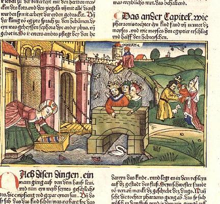 Exodus 2 1-6 Moses being floated down the Nile and discovered by one of Pharaoh's wives (coloured wo od German School, (15th century)