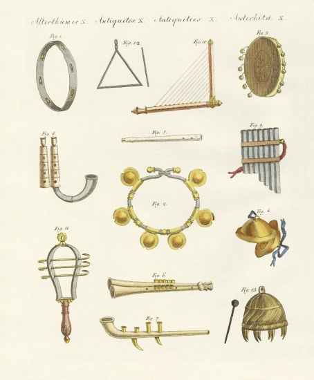 Musical instruments of the ancients -- whistles, rattles and cymbals od German School, (19th century)
