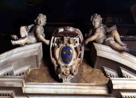 Interior view of the Barberini Chapel, detail of decorative pediment of two cherubs supporting a coa od Gianlorenzo Bernini