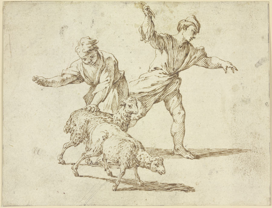 Zwei Hirten und zwei Schafe od Giovanni Battista Sassi