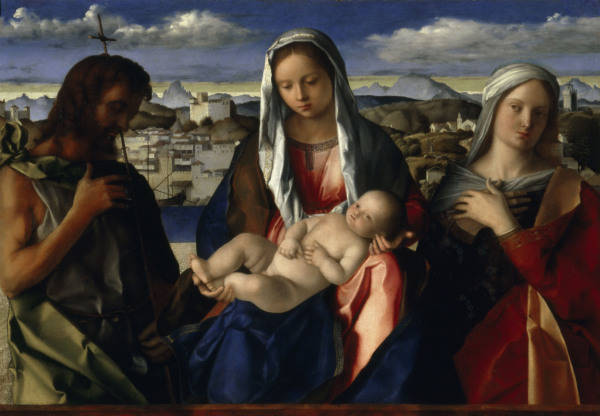 Bellini, Giovanni c.1432 - 1516. ''Mary with the Child, John the Baptist and a female saint'', betwe od Giovanni Bellini