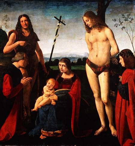 Madonna and Child with SS. John the Baptist and Sebastian Between Two Donors od Giovanni Boltraffio