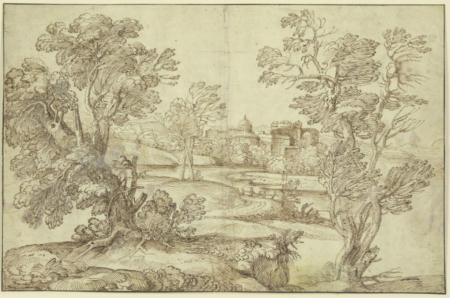 Landschaft mit Wasser, Baumgruppen und Gebäuden od Giovanni Francesco Grimaldi