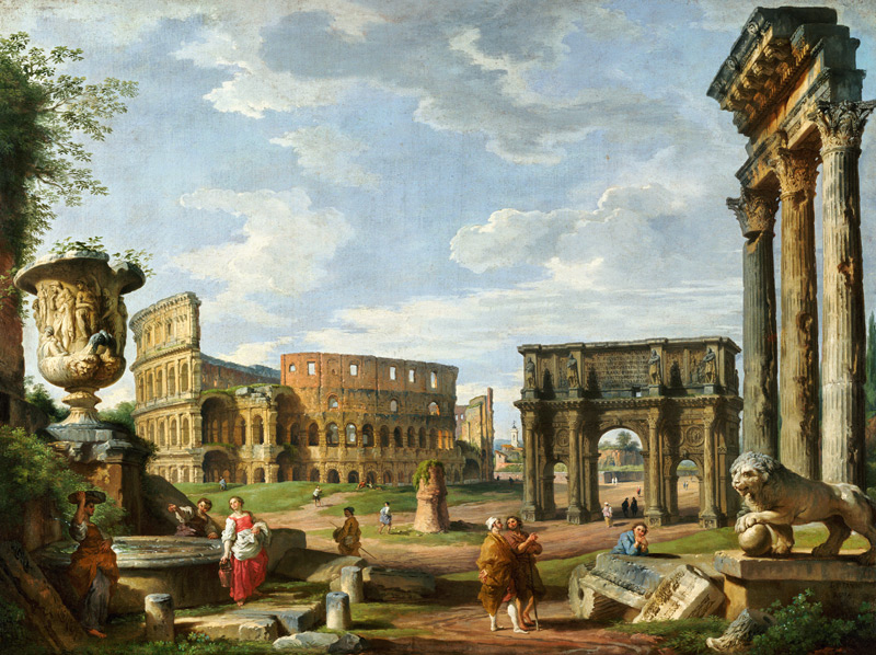 A Capriccio View Of Rome With The Colosseum, The Arch Of Constantine And The Temple Of Castor And Po od Giovanni Paolo Pannini