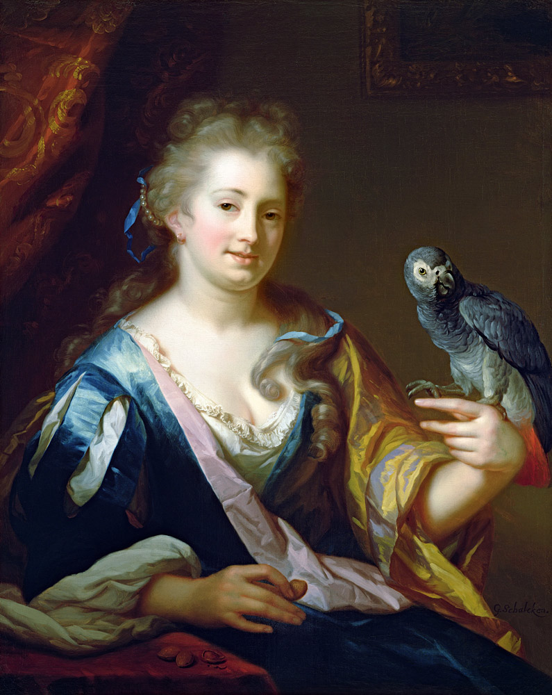 Portrait of a Lady feeding a parrot od Godfried Schalcken