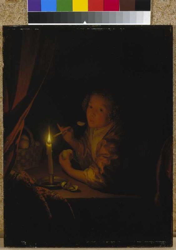Apple eating girl at candlelight od Godfried Schalcken