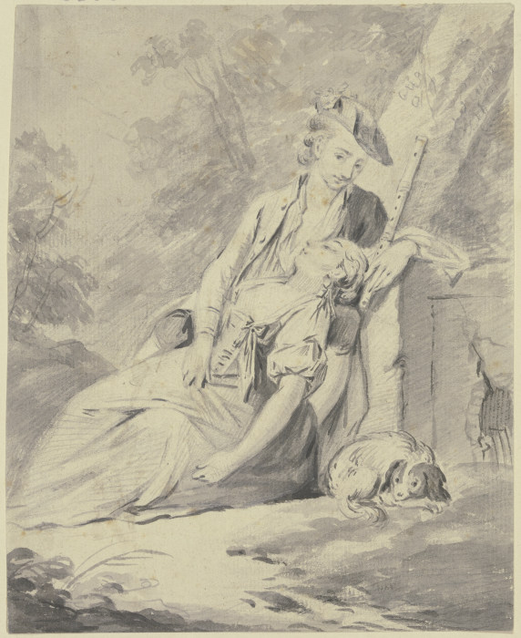 Ein Schäfer und eine Schäferin mit einem Hund lagern unter Bäumen od Gottlieb Welté
