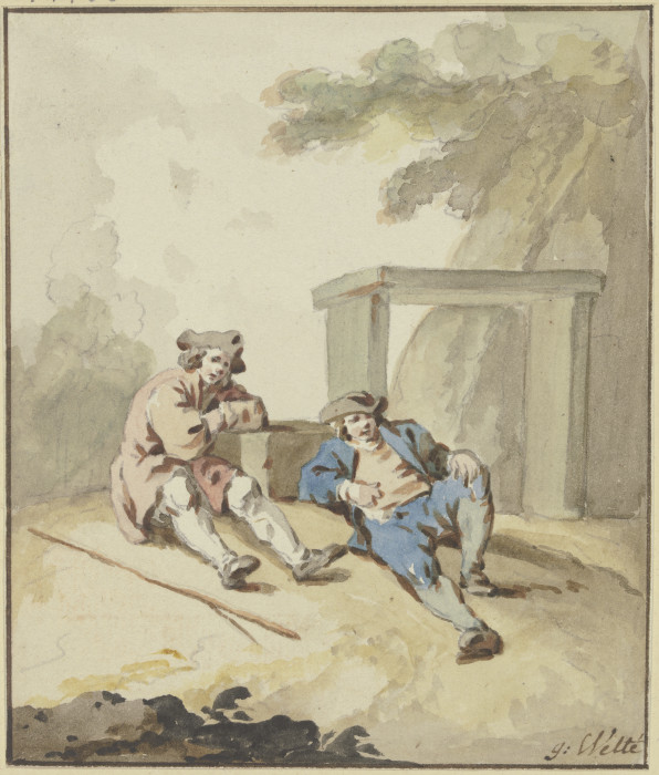 Zwei Männer bei einer Steinbank am Boden lagernd od Gottlieb Welté