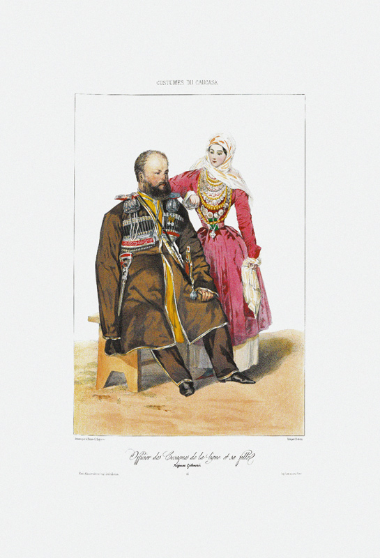 Terek Cossack with Daughter (From: Scenes, paysages, meurs et costumes du Caucase) od Grigori Grigorevich Gagarin
