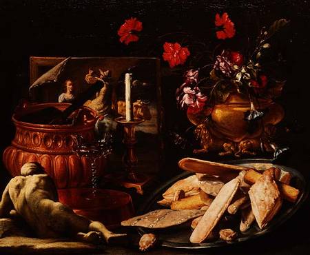 Still Life with Flowers in a Gilt Urn, a Painting and Cakes on a Salver od Guiseppe Recco