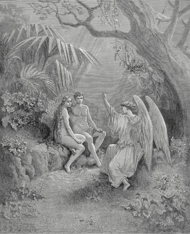 Raphael talks to Adam and Eve. Illustration for John Milton's "Paradise Lost" od Gustave Doré