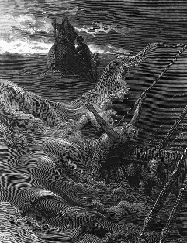 The mariner, as his ship is sinking, sees the boat with the Hermit and Pilot, scene from ''The Rime  od Gustave Doré