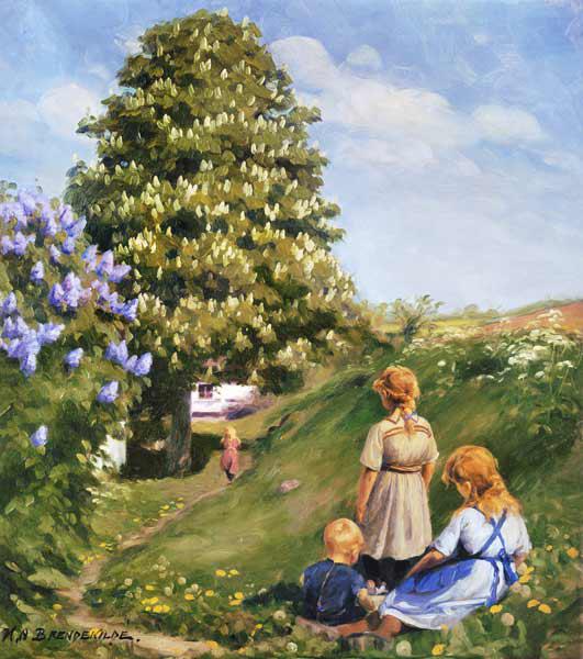 Playing children in spring landscape.