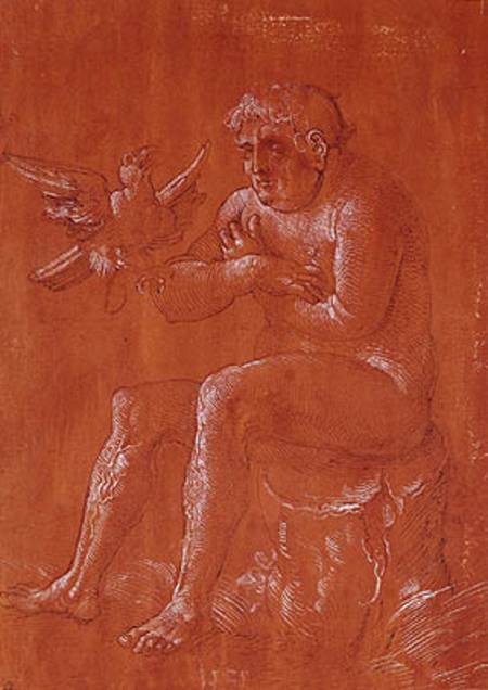 Nude man sitting on a tree trunk listening to a parrot (pen & ink and white chalk on red paper) od Hans Baldung Grien