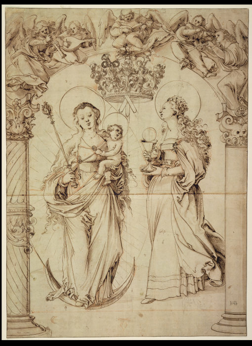 Scheibenriß mit der Madonna auf der Mondsichel und der Heiligen Barbara od Hans Baldung Grien