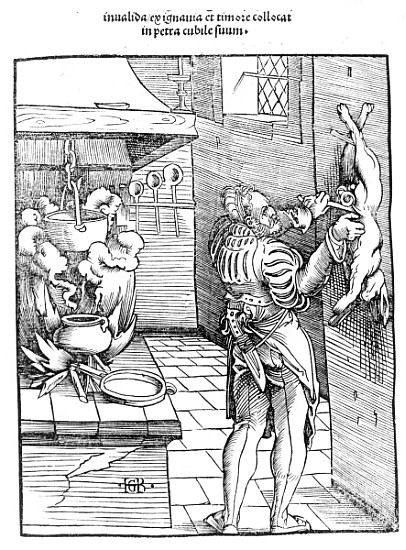 View of a sixteenth century kitchen with cook gutting a rabbit od Hans Baldung Grien