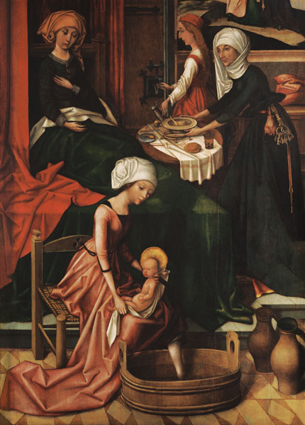 Birth Mariae Weingartner altar in the cathedral to Augsburg detail the first bath. od Hans Holbein d.Ä.