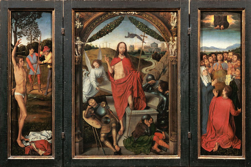 Resurrection altar, triptych (hl. Sebastian, resurrection, Ascension Day) od Hans Memling