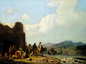 Campagna landscape with pulling country people in front of a ruin od Heinrich Bürkel