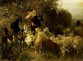 Boys at this feed of goats and sheep od Heinrich von Zügel