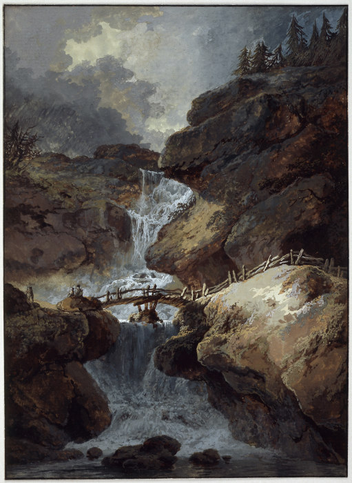 Wasserfall in einer Felsenschlucht bei Gewitterstimmung od Heinrich Wüest