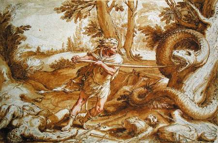 Cadmus about to attack a Dragon od Hendrick Goltzius