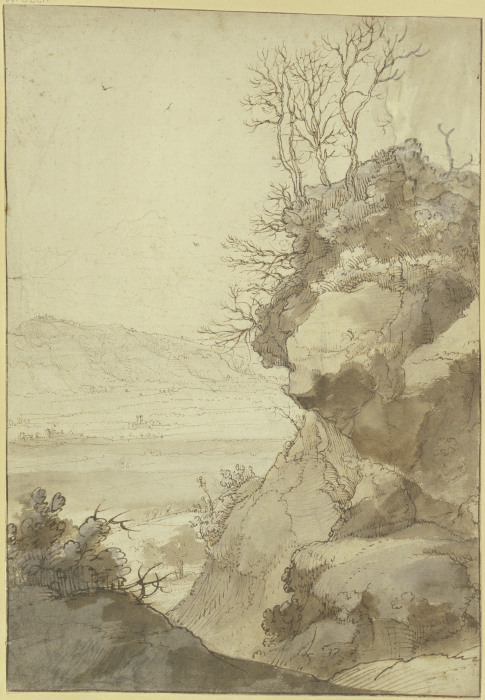 Landschaft, rechts eine große Felspartie mit dürren Bäumen od Hendrick Mommers