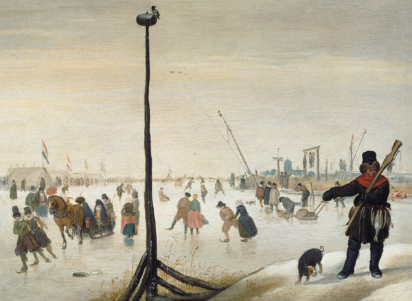 A duck hunter and his dog in a winter landscape (panel) od Hendrik Averkamp