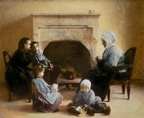 Family seated around a hearth