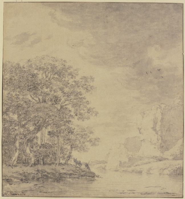 Baumpartie am Wasser, rechts eine Felsböschung od Herman Naiwinx