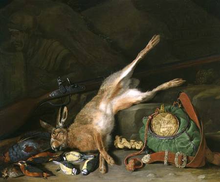 A Still life of a Hare with Hunting Equipment and a Musket od Hieronymus the Elder Galle