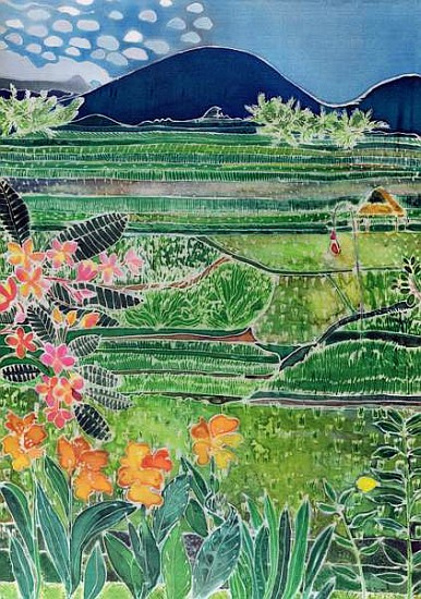 Lovina Ricefields with Lilies and Frangipani, Bali, 1996 (coloured inks on silk)  od Hilary  Simon