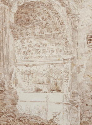 The Triumph of Rome, arc of Titus (red chalk on paper) 88;Le triomphe de Rome; char; arc; od Hubert Robert