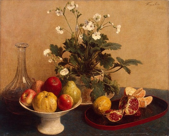 Flowers, dish with fruit and carafe od Ignace Henri Jean Fantin-Latour