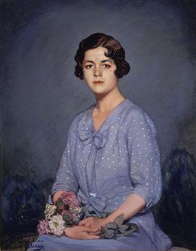 RETRATO DE JOVEN SENTADA CON FLORES EN LA MANO